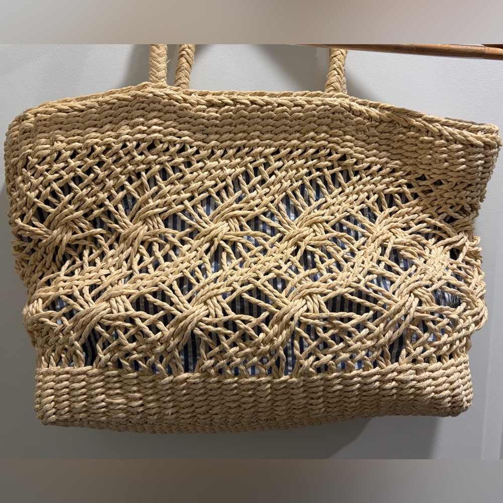 Talbots Tan Woven Shoulder Bag With Blue Striped Fabric Interior